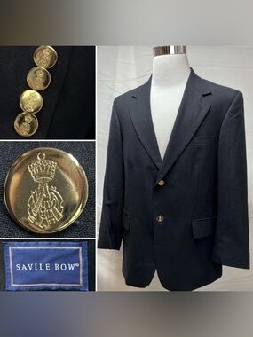Savile Row Men’s 44R Navy Wool Gold Button Blazer Jacket Sport Coat